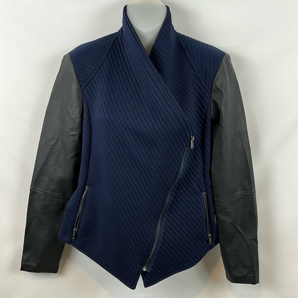 BB Dakota Asymmetrical Faux Leather Navy Blue Full Zip with Pockets Jacket‎ Sz S - Picture 1 of 10